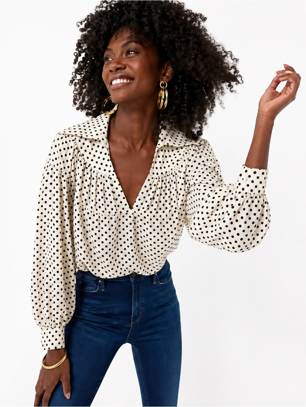 Tuckernuck Lillie Blouse Black Polka Dot Ivory Balloon Sleeve Size Small S